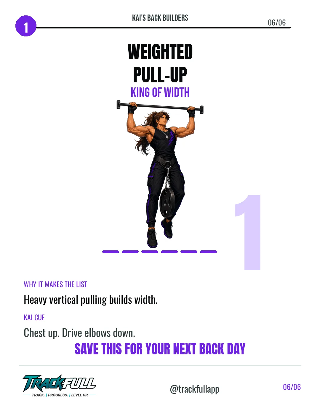 Build a Wider Back: Kai’s Top Builders carousel slide 6: Top 1 Weighted Pull Up.