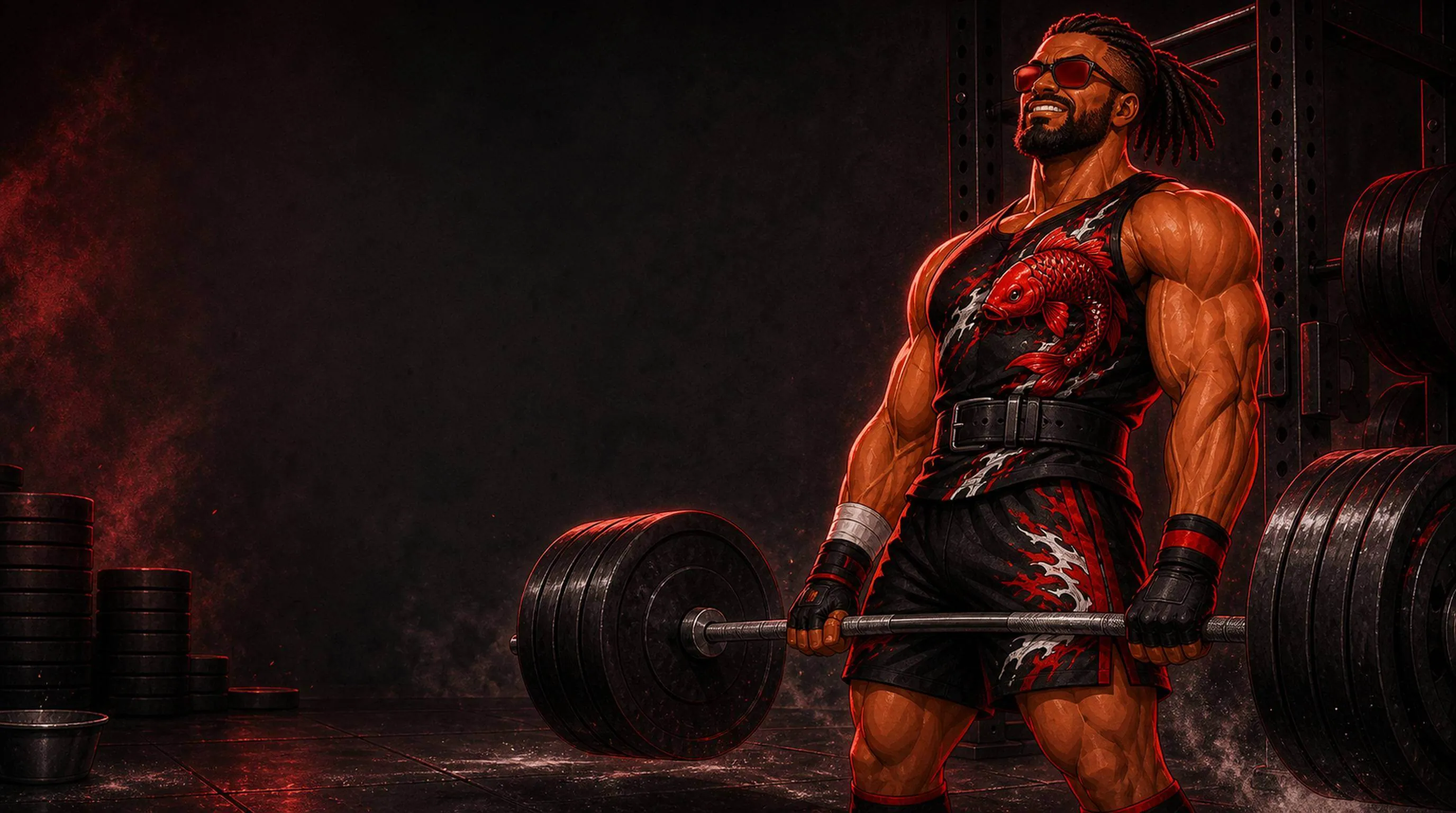 Magnus tenant une barre dans une salle de sport sombre.