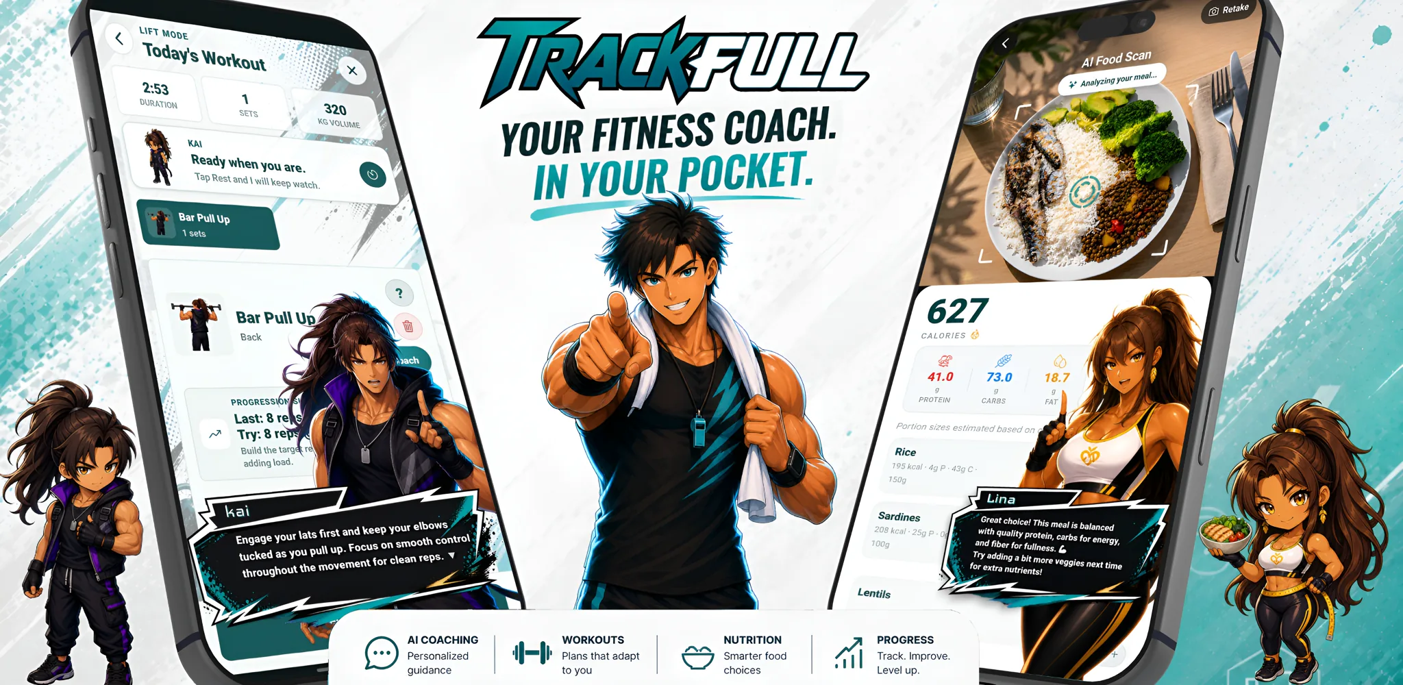 TrackFull, your fitness coach in your pocket, showing workout coaching, AI food scan, nutrition, and progress features