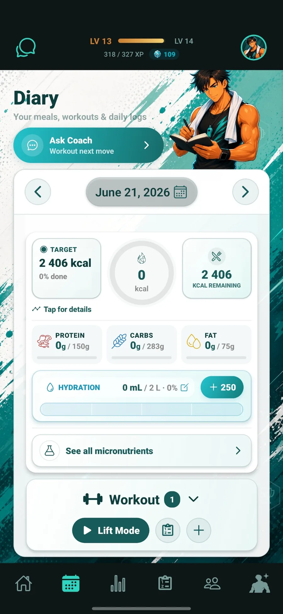 TrackFull diary screen with daily nutrition and workout logs