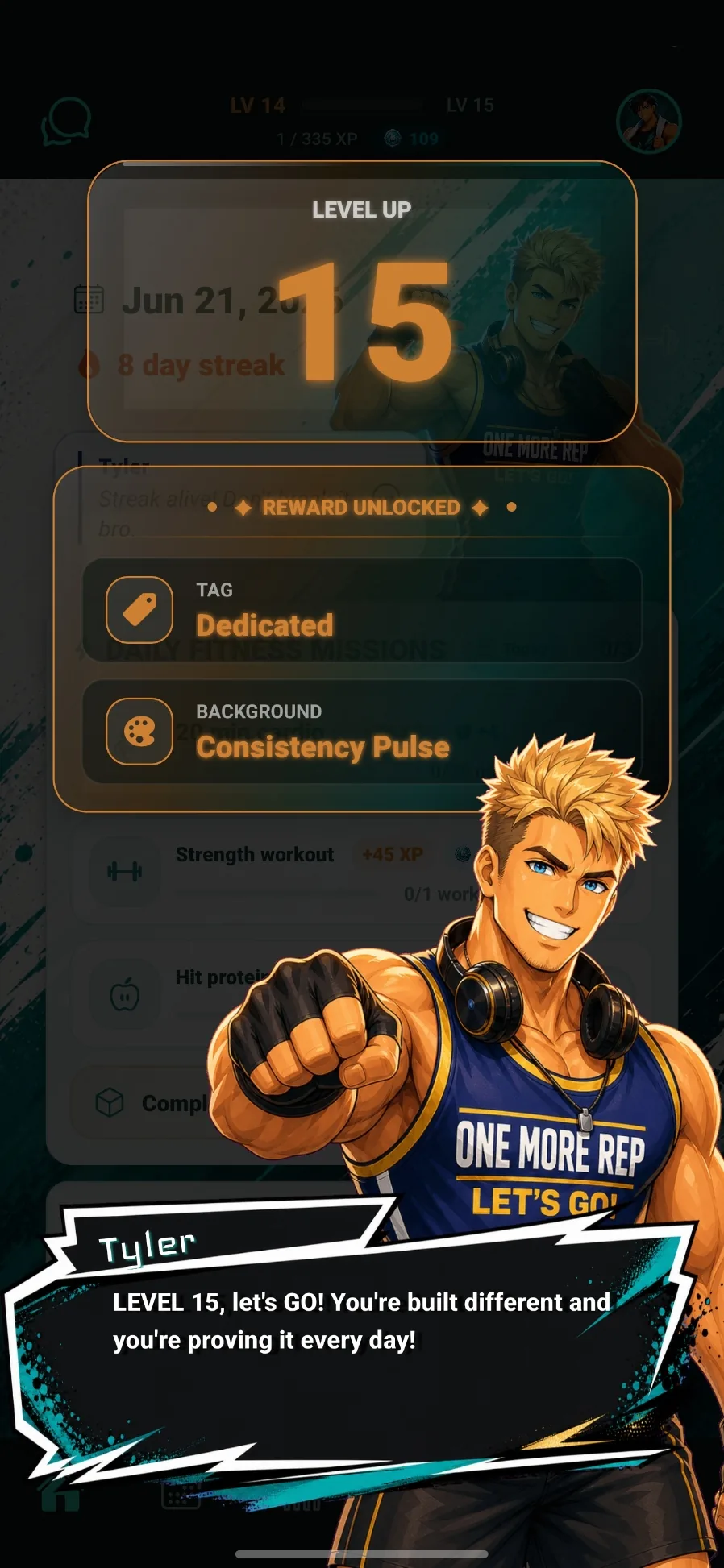 TrackFull level up screen showing progress rewards