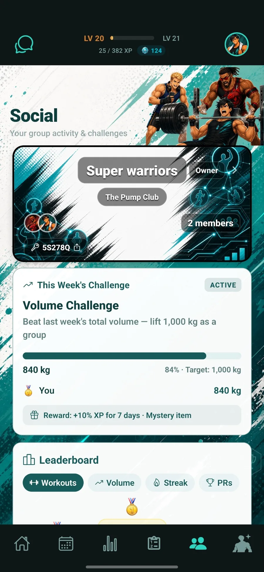 TrackFull social groups and challenge screen