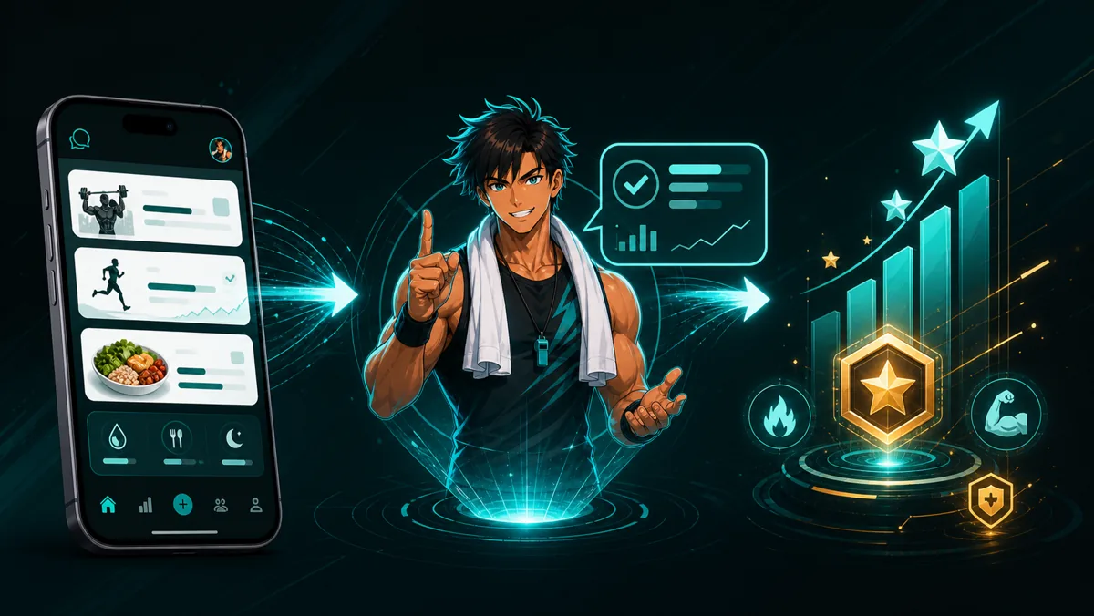 Illustration of fitness logs becoming AI coach feedback and progress momentum