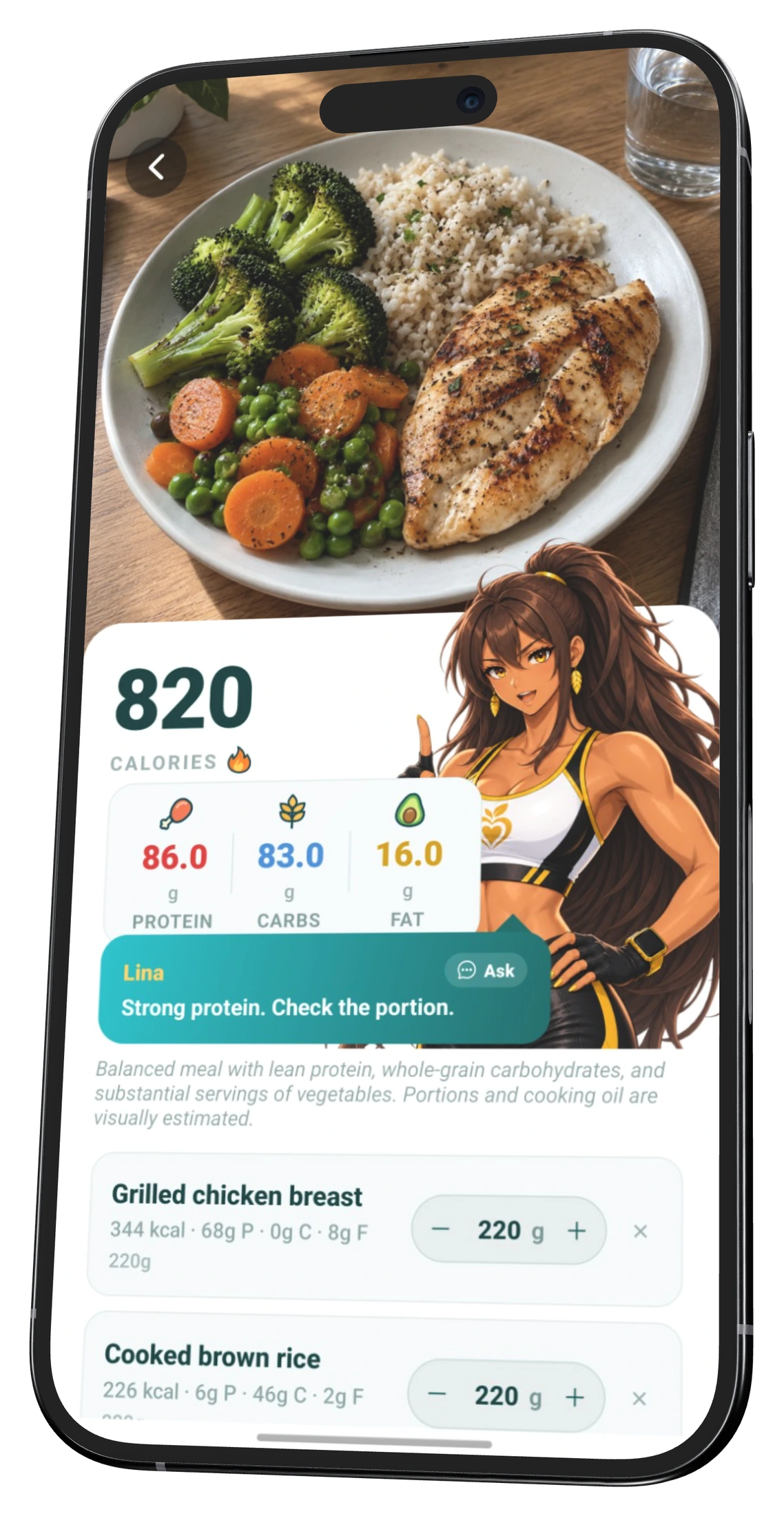 Scan alimentaire IA TrackFull avec calories, macros et conseils de Lina