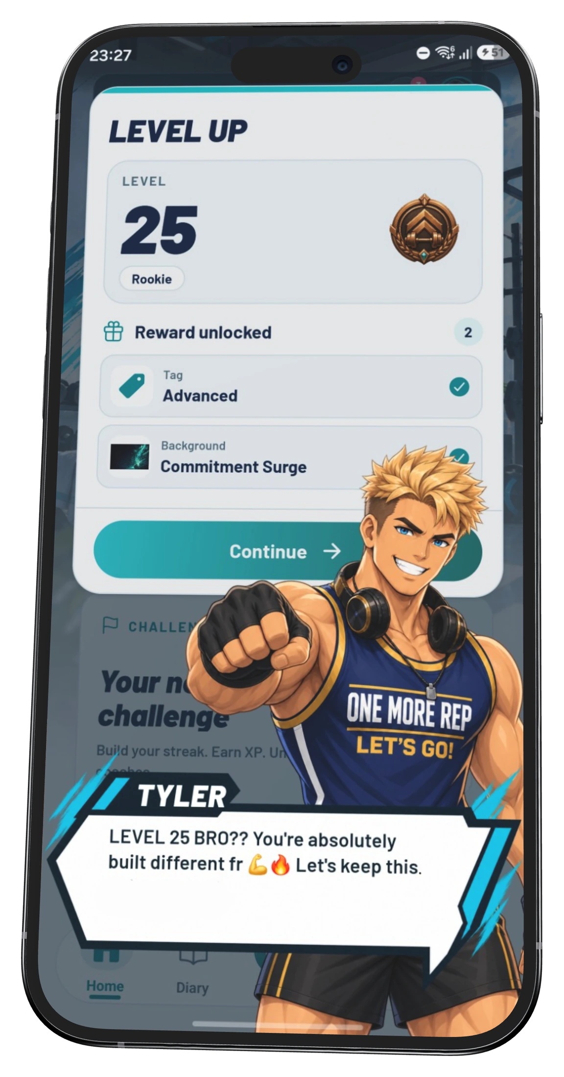 Écran de progression TrackFull avec Tyler et récompenses débloquées
